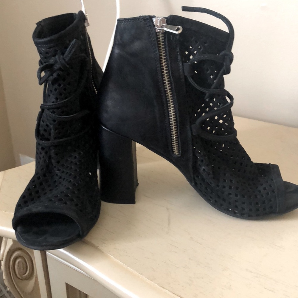 Caged Suede Peep Toe Booties